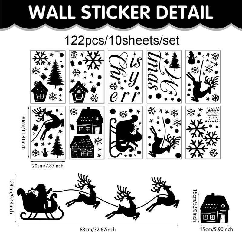 Kasubeso Merry Christmas Wall Decals, Black Santa Reindeer and Snowflake Window Clings, Removable Vinyl Wall Stickers for Holiday Party Bedroom Living Room Offices Home Decoration - Image 2